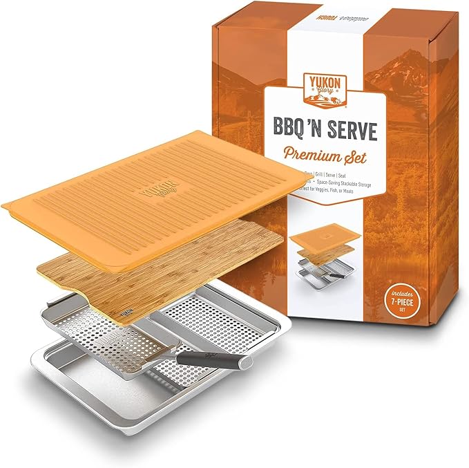 Yukon Glory™ BBQ 'N SERVE Premium Set, Includes 3 Grill Baskets, Serving Tray, Bamboo Cutting Board, Plastic Lid and Clip-on Handle | 7-piece complete set | RUST-PROOF & WARP-PROOF | Bamboo board | Serving station | Clip-on handle | Dishwasher safe