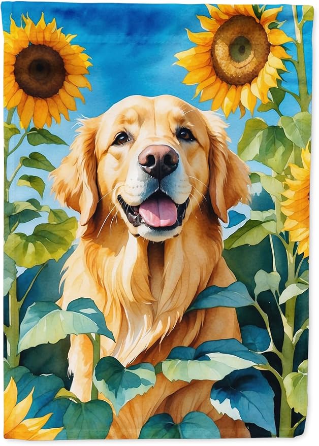 Caroline's Treasures DAC6088CHF Golden Retriever in Sunflowers House Flag Large Porch Sleeve Pole Decorative Outside Yard Banner Artwork Wall Hanging, Polyester, House Size, Multicolor