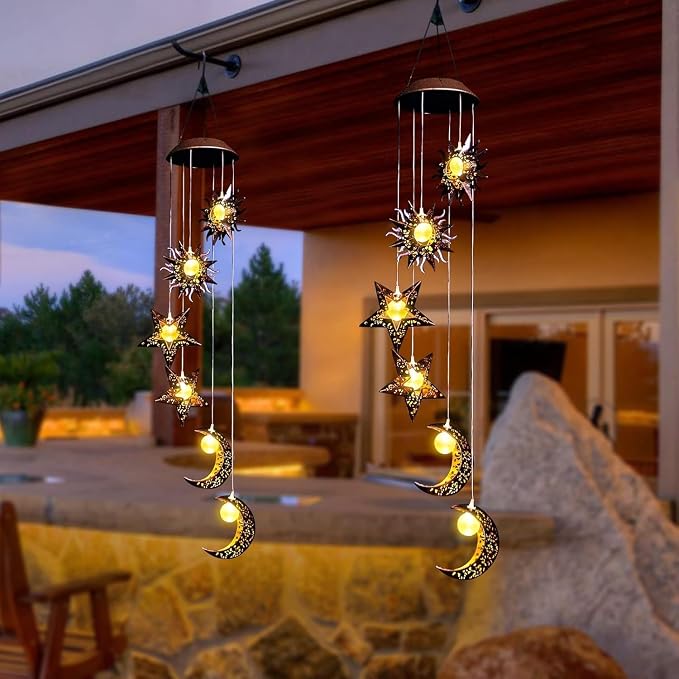 Solar Wind Chimes for Outdoor Lights Sun Moon Star for Women Mom Wife Hanging Decor Outdoor Sympathy Wind Chimes for Garden Patio Balcony Birthday Womens Gifts