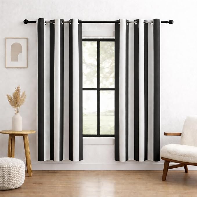 Black and White Vertical Stripe Blackout Curtains, Modern Minimalist Striped Drapes, 100% Light Blocking, Thermal Insulated & Noise Reducing Curtains, Grommet Top 42 x 72 Inches, 2 Panels 7