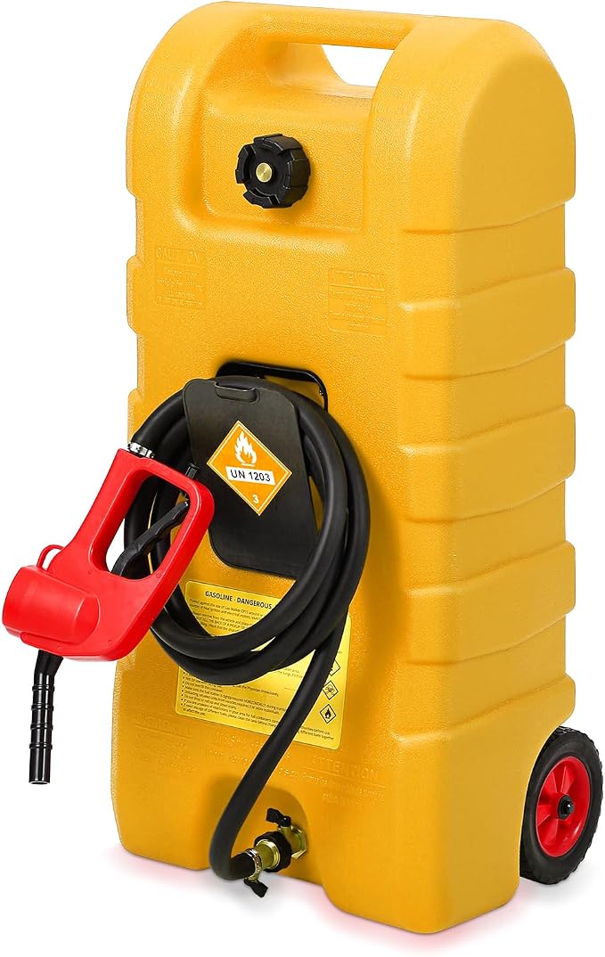 15 Gallon Gas Can, Fuel Tank Container with LE Fluid Transfer Manual Siphon Pump & 10FT Hose, Portable Diesel Gas Storage Caddy with Wheels for Car, ATV, Weeder, Boat, etc., Yellow