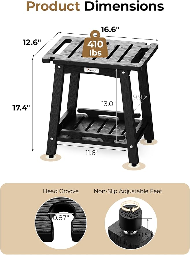 Shower Bench Seat, Non-Slip Shower Benches for Inside Shower to Sit on, HDPE Waterproof Shower Stool for Shaving Legs, Shower Chair with Adjustable Feet for Bathroom, Indoor/Outdoor Use, Black