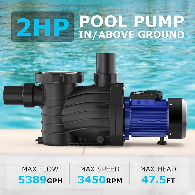 2HP In/Above Ground Pool Pump, 115V 5389GPH Powerful Self Priming | Pure Copper Motor, Energy Efficient, 1.5" and 2" Adapters, High Flow with Filter Basket, Single Speed