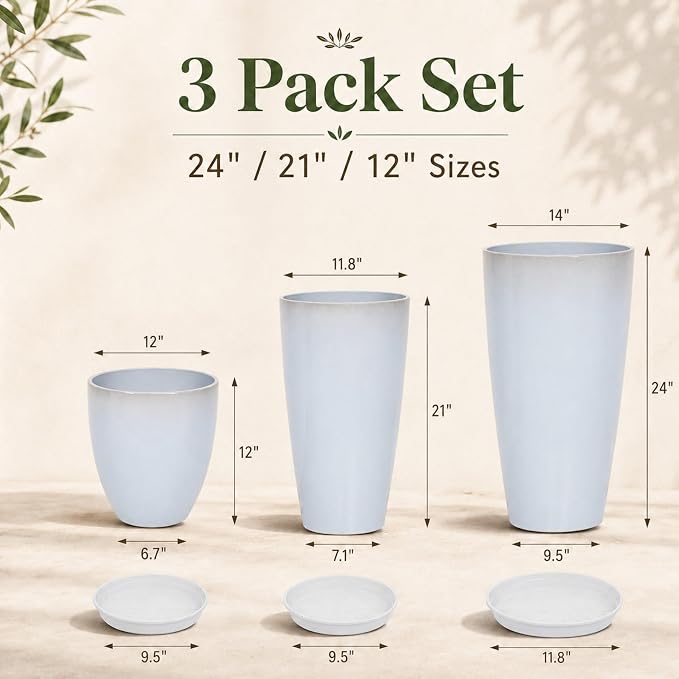 Neoaider Set of 3 Tall Planter, 24/21/12in Large Plastic Planter, Off White | Ceramic-Look, Lightweight, Built-in Drain Hole, Saucers, Tall Outdoor Planter for Porch, Garden, Patio, Balcony
