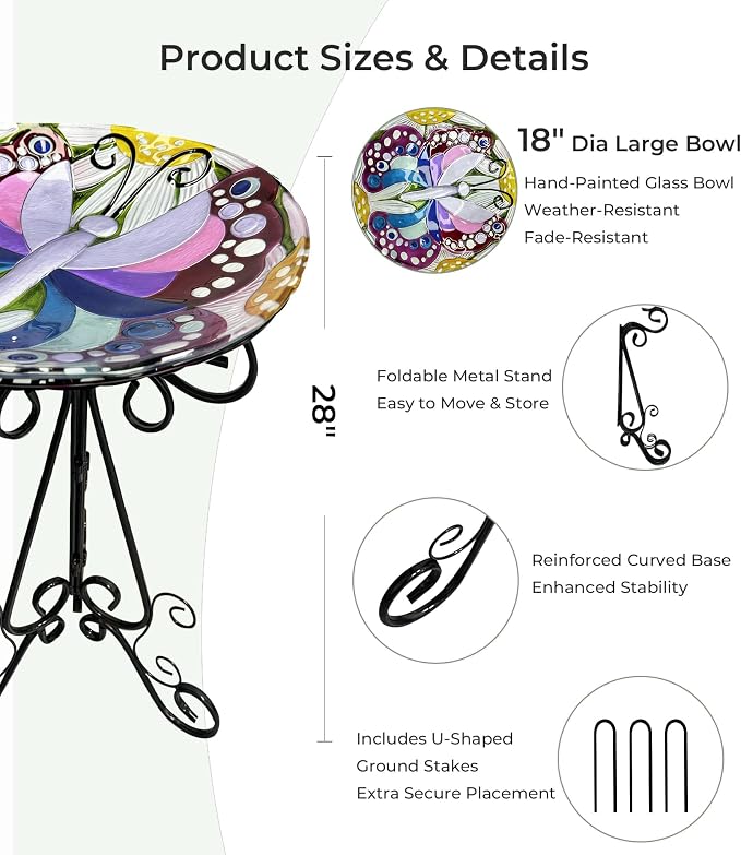 Large Bird Bath for Outside, 18" D Glass Bath Bowl with Metal Stand 28" H Standing Outdoor Birdbaths for Garden Yard Lawn Decor, Butterfly-B