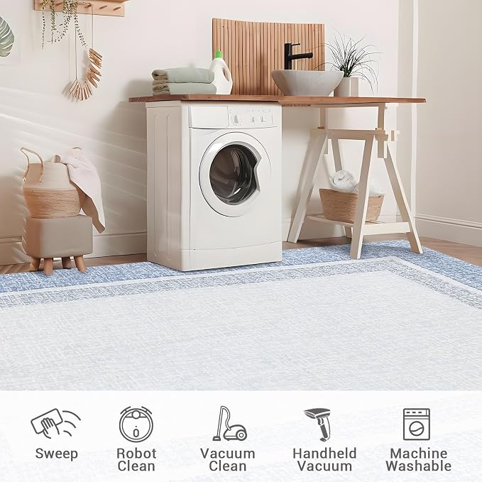 GAOMON Area Rugs 2x6 Modern Runner Rug Washable Bordered Entryway Runners Soft Faux Wool Carpet Contemporary Neutral Non-Slip Long Rug Runner Indoor Accent Hallway Kitchen Runners for Bedroom Blue