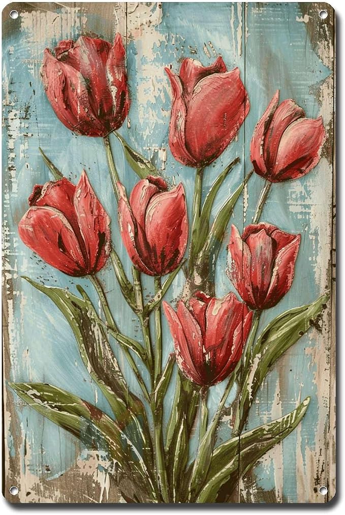 Metal Sign Tin Sign Vintage Wall Art Vintage Shabby Chic Tulip Tin Sign for Rustic Wall Art Elegant Blooms and Weathered Texture Displ Garden Metal Sign for Restaurant 12×16 Inches