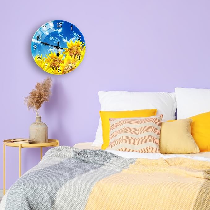 Britimes Round Wall Clock Silent Non-Ticking Battery Operated Glass Outdoor Waterproof Clock 12 Inch, Sunflower Summer Home Decor for Living Room, Kitchen, Bathroom, Bedroom, and Office