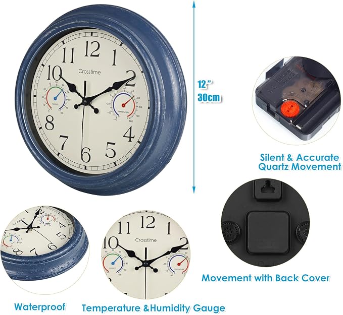 Crosstime 12 Inch Outdoor Clock Waterproof with Thermometer & Hygrometer – Silent Retro Wall Clock for Patio, Pool, Porch, Backyard, Bathroom – Blue