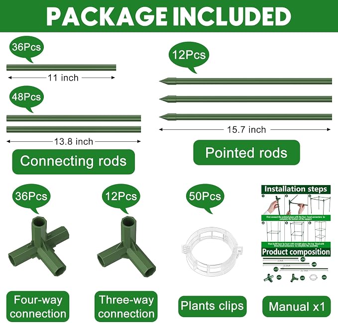 14.5" W x 53" H Tomato Cage for Garden, 3 Pack Square Tomato Trellis Plant Support Frame with 50 Pcs Plant Clips, Suitable for Climbing Vegetables, Flowers, and Fruits