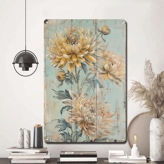 Metal Sign Tin Sign Vintage Wall Art Shabby Chic Chrysanthemum Tin Sign for Rustic Wall Decor Autumn Themed Interiors and Easy to Inst Outhouse Wall Decor for Bar 6×8 Inches
