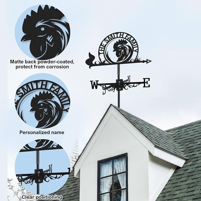 Personalized Metal Weather Vane, Custom Name Weathervane, Chicken Coop Signs, Weather Vanes for Outside, Wind Vanes for Farmhouse Yard Shed Decor, Housewarming Gifts Color10