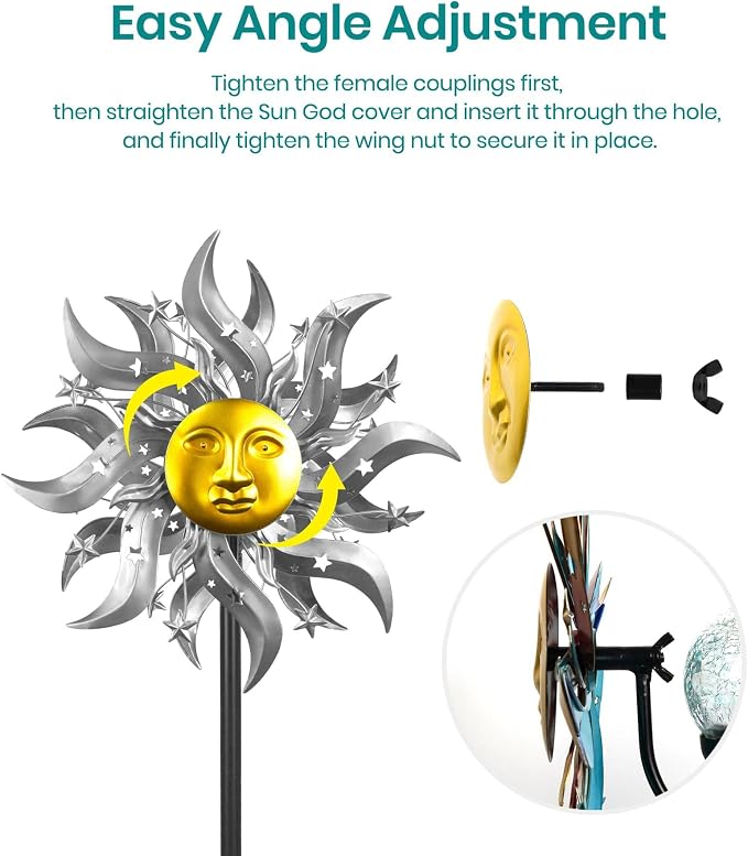 Solar Wind Spinner Metal Sun God Kinetic LED Garden Yard Art Decor | Hand-Crafted Art, Mythic sun god metal spinner, Auto-glow solar crackle ball, Stable 5-prong stake