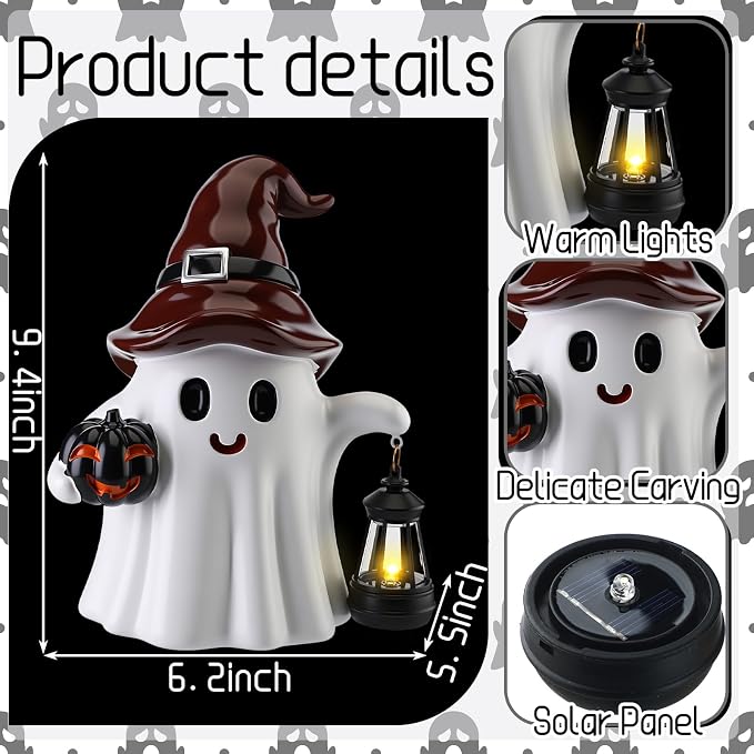 Suzile 2 Pack Halloween Outdoor Decoration 9.5 Inch Spooky Ghost Statues with Solar Lantern Light Pumpkin for Garden Halloween Figurine Cute Resin Ghost for Lawn Patio Party Indoor Home Decor Gift