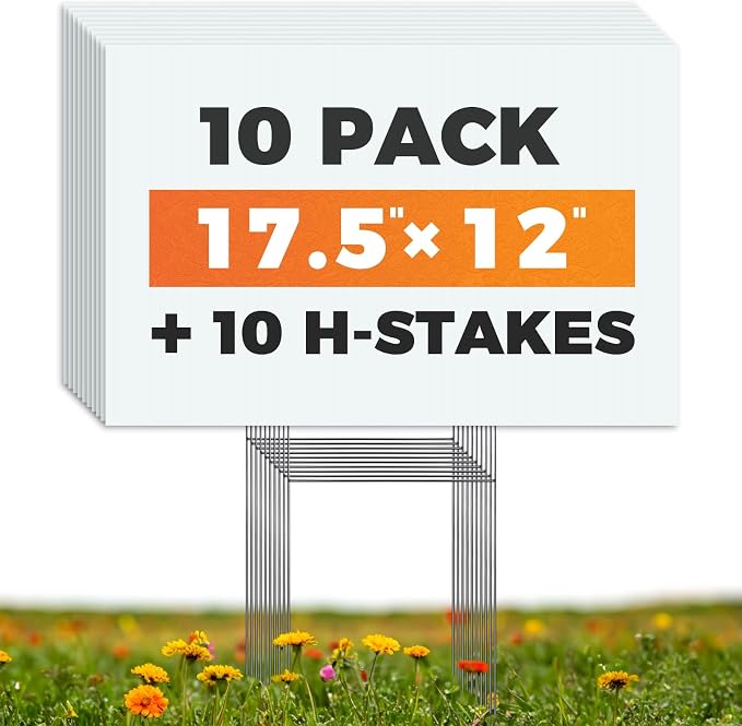 10 Blank Yard Signs with Stakes 17.5 x 12 Inch,4mm Thick Corrugated Plastic Lawn Sign kit for Estate Garage Sale,Party,Birthday,Wedding,Campaign,Parking,Make your own Outdoor Sign