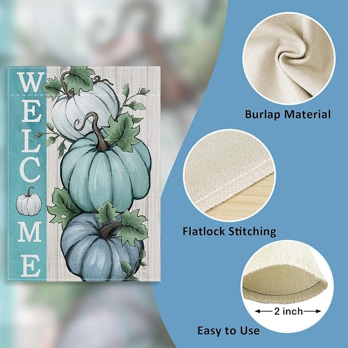 Welcome Fall Teal Blue White Pumpkins Decorative Garden Flag, Autumn Farmhouse Seasonal Yard Outside Decorations, Thanksgiving Burlap Outdoor Small Home Decor Double Sided 12 x 18