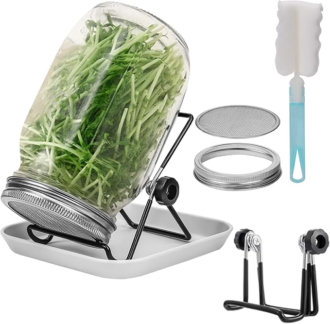 Lulonpon One Sprouting Jar Kit, Wide Mouth Quart Mason Jars with Stainless Steel Screen Sprout Lids, 86mm,1000ml,Stand,Tray and Canning Brush,Seed Sprouter Set for Growing Broccoli, Alfalfa, Mung Bean
