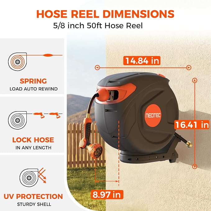 New Retractable Garden Hose Reel 5/8 inch x 50 ft 9 Pattern Nozzle Heavy Duty Wall-Mounted 180° Swivel Any Length Lock Automatic Slow Return UV Resistant Hose Reels for Outside