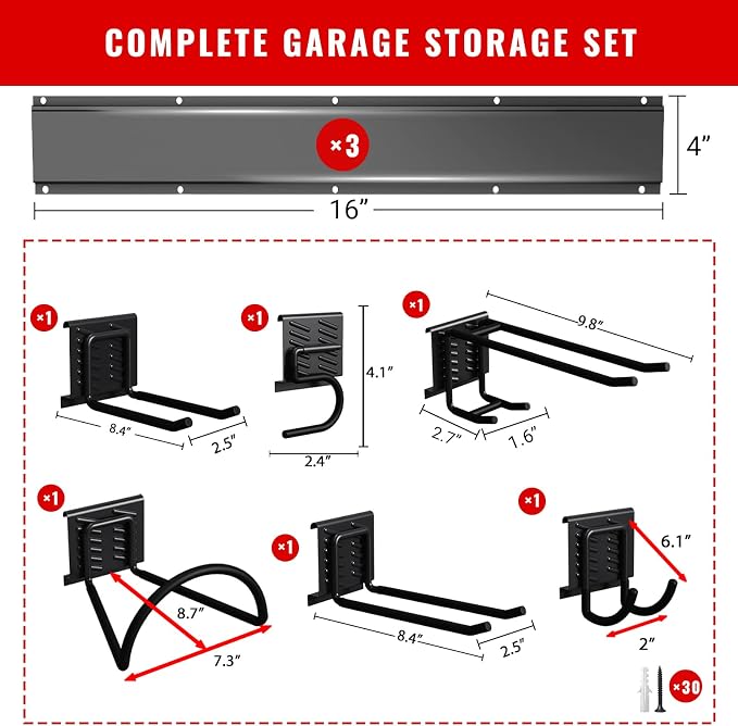 Garage Tool Organizer Wall Mount, Easy to 48inch Install Heavy-Duty Garage Storage System with 6 Adjustable Utility Hooks, Garden Tool Rack for Shovels, Rakes, Yard Tools