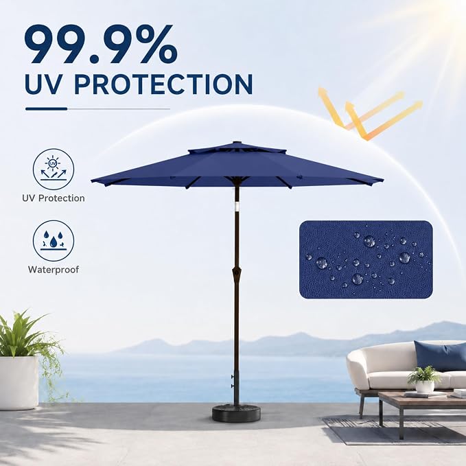 10FT Patio Umbrella, 2 Tier Outdoor Table Umbrella, Large Vented Market Umbrellas with Push Button Tilt and Crank, 8 Sturdy Ribs for Backyard, Deck, Pool, UPF50+ UV Protection