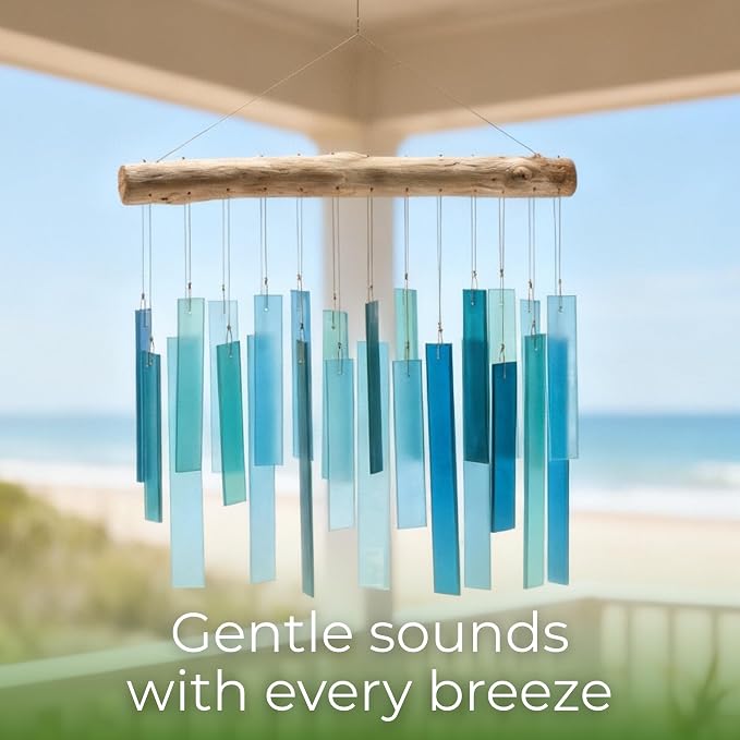 Solange & Frances Glass Wind Chimes for Outside. Handmade Hanging Wind Chimes Coastal Beach Decor, Pool Area Gift Outdoor Decor Gift for Women, Gifts for Mom, Birthday Gifts for Women
