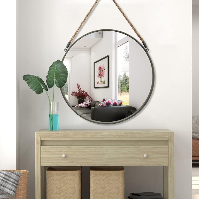 POZINO 24 Inch Round Mirror with Grey Metal Frame, Hanging Mirror for Wall | Circle HD Mirror with Jute Rope, Anti-Rust, Farmhouse Decorative Wall Mirror for Entryway, Living Room, Fireplace, Bathroom