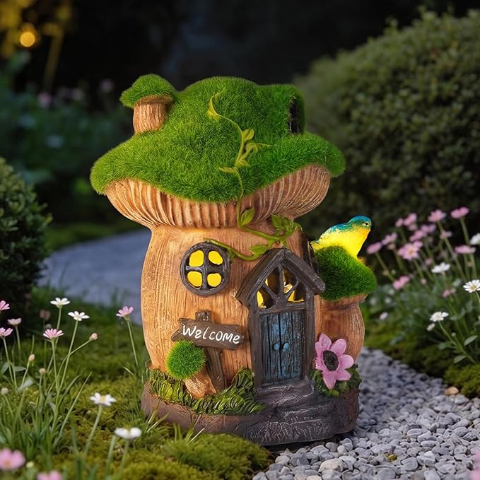 Mushroom Fairy Garden House, Solar Fairy House for Outside Decor with Bird, Outdoor Garden Statues for Yard, Lawn, Balcony,Patio, Outdoor Figurine Lights Gifts for Mom Women