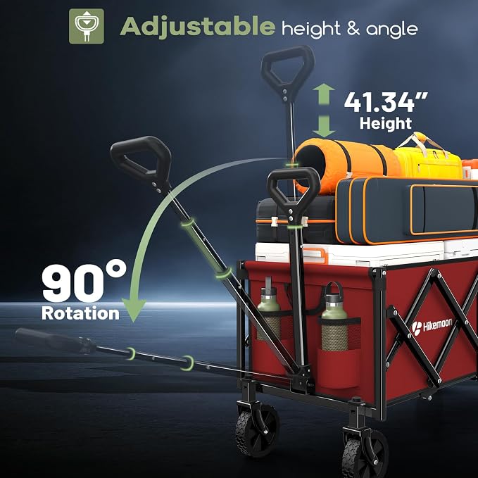 Hikemoon 34'' Extra Long Collapsible Wagons Carts Foldable, 360LBS Heavy Duty Folding Beach Wagon with Wheels, Portable Utility Outdoor Cart for Grocery, Garden, Sports, Camping, Red