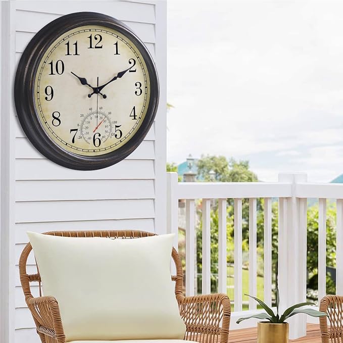 16 Inch Large Outdoor Clock, Waterproof Wall Clock with Thermometer, Battery Operated Silent Non-Ticking Vintage Wall Clock Quartz Round Clock Home Decor,Black Bronze