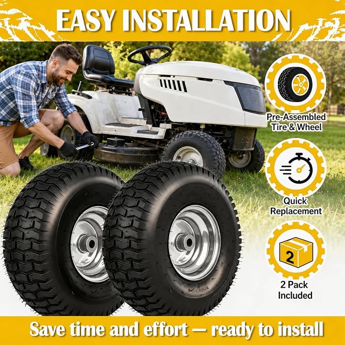 15x6.00-6 Lawn Mower Tire and Wheel, 570LBS Capability, Compatible with J ohn Dee re, C ub Cad et, C raftsman, H usqvarna Riding Tractors and Mowers, 3/4" Bushing, 3" Centered Hub, 2 Pack
