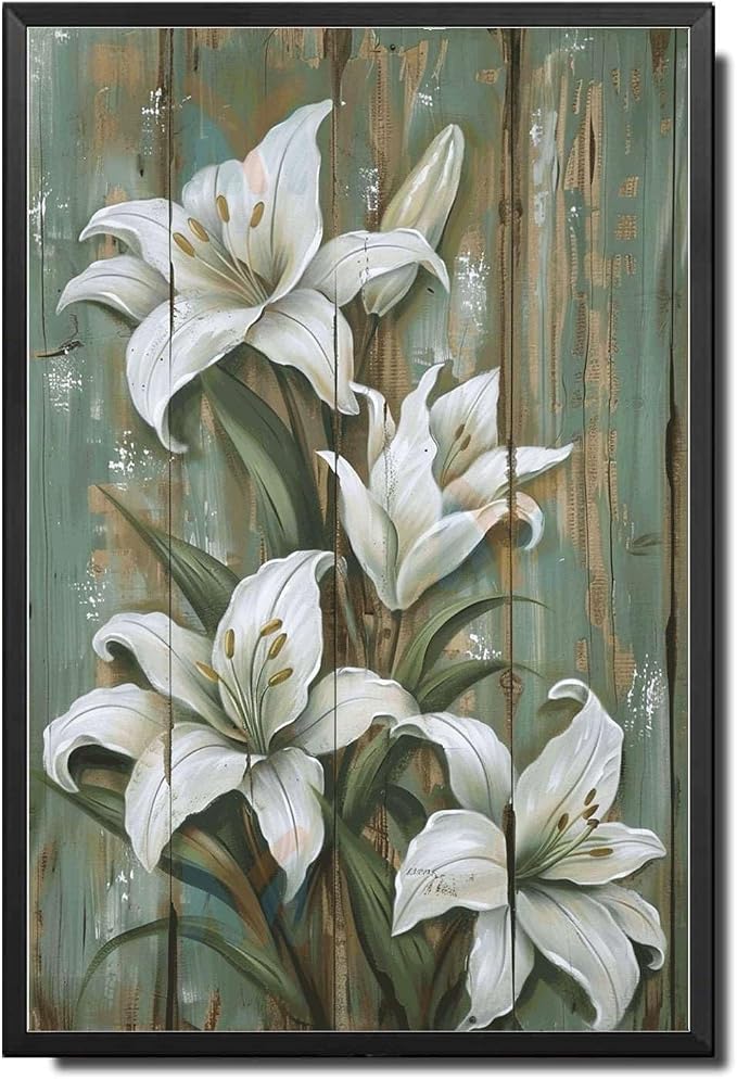 Metal Sign Tin Sign Vintage Wall Art Shabby Chic Lily Tin Sign for Vintage Botanical Decor Rustic Elegance and Distressed Wood Panels Tin Signs for Garden for Room 8×12 Inches with Metal Frame