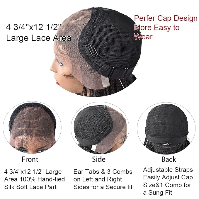 Lace Braids Wig For Black Women Box Braided Wigs Curly Swiss Lace Front Braid Wigs Hand Tied Micro Twist Braiding Wig Knotless Synthetic Braids Wig With Baby Hair(LL602483C, #T1B/BUG)