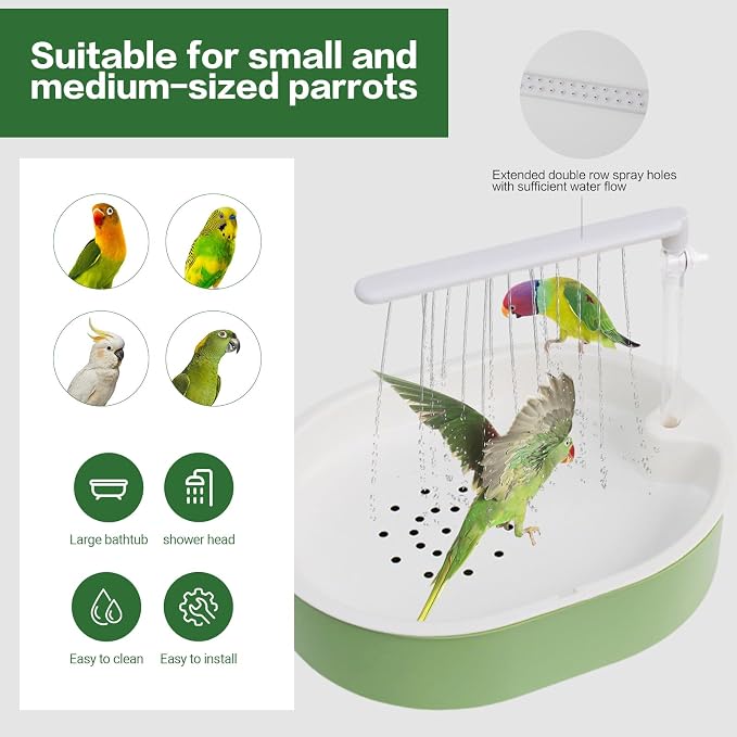 Parrot Bathtub,Bird Shower Parakeet Bath for Cage with Adjustable Water Flow Control Valve, Contains USB and Pump,tarpaulin,for Pet Birds,Cockatiel,Budgie,Suitable for Many Kinds of Birds(Green)