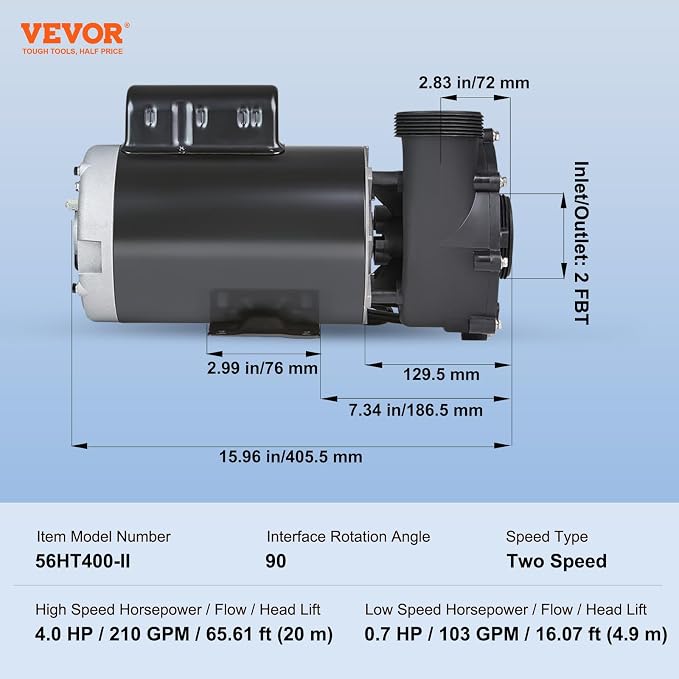VEVOR 2 Speed SPA Pump, 56-Frame, AC 220V Hot Tub SPA Pump, 4 HP / 210 GPM / 65.61 ft High Speed or 0.7 HP / 103 GPM / 16.07 ft Low Speed, 2'' Port 90° Rotational Interface for Hot Tub