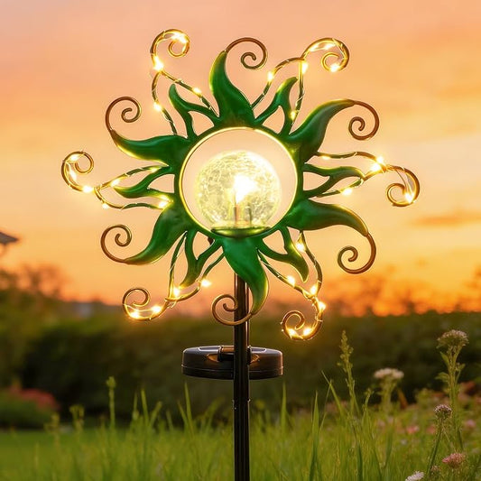 Solar Garden Lights Outdoor, Green Metal Sun Stake with 30 LED Waterproof Vine String Crackle Glass Spring Decor for Patio,Yardr,Lawn Gardening Birthday Gifts