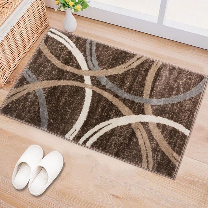 Rugshop Wavy Circles Modern Accent Fade-Resistant Area Rug Brown 2'7" x 4' | Rectangular, Size 2'7" x 4', Living Room, Bedroom, Dining Room, Home Office, Kitchen, Entryway, Hallway, Nursery, Kids Room