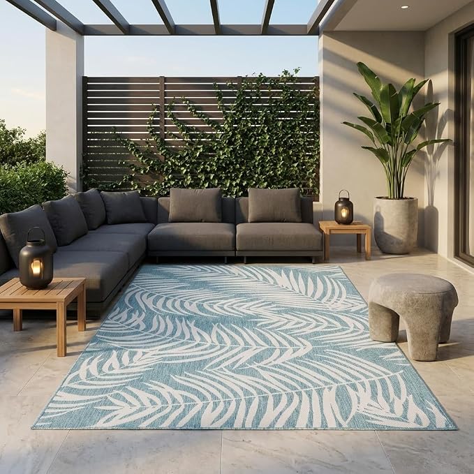 Unique Loom Outdoor Botanical Collection Area Rug - Palm (7' 1" x 10' Rectangle, Light Aqua/ Ivory)