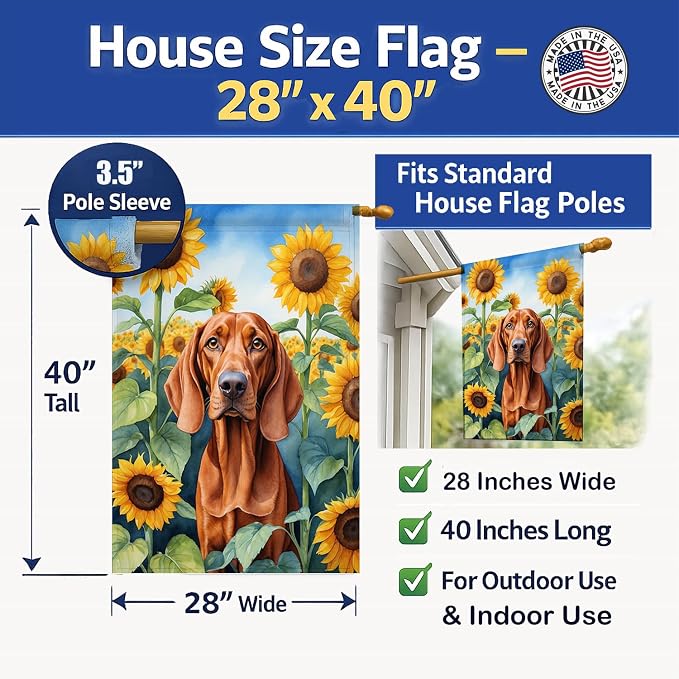 Caroline's Treasures DAC6148CHF Redbone Coonhound in Sunflowers House Flag Large Porch Sleeve Pole Decorative Outside Yard Banner Artwork Wall Hanging, Polyester, House Size, Multicolor