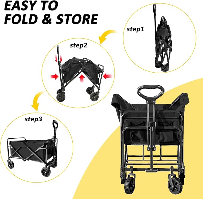 Collapsible Utility Cart Folding Wagon, 320lbs Capacity Lightweight Rolling Cart with Quiet Wheels, Quick-Fold Design for Camping, Shopping, Ourdoor Use,Black 2PCS