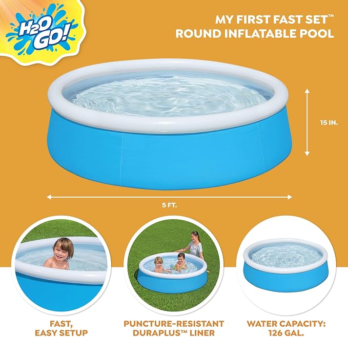 H2OGO! 5' x 15" Inflatable 126 Gallon My First Fast Set Kiddie Inflatable Ring Swimming Pool with 3 Ply DuraPlus Liner and Fill and Rise Technology