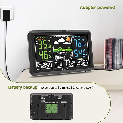 DreamSky Weather Station Indoor Outdoor Thermometer Wireless for Home | Digital Atomic Clock, Large Display with Dimmer, USB Port, Inside Outside Temperature Humidity Monitor (Plug-in)-2 Sensors