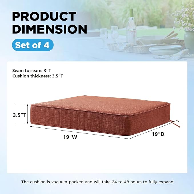 19 x 19 Inch Outdoor Chair Cushions with Tie Straps, Set of 4 Thick Water Repellent Square Patio Chair Pads for Garden Lawn Patio Furniture, Terra Cotta
