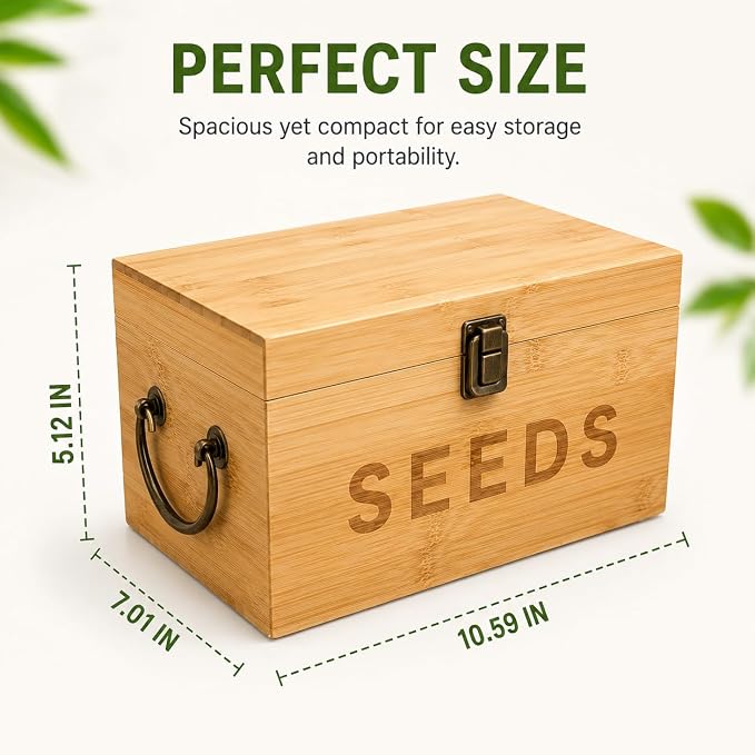 Bamboo Garden Seed Storage Organizer Box, Wooden Seed Box with Removable Dividers, Metal Handle and Latch, Seed Keeper Organizer for Garden Seed Packets and Storage (10.59 x 7 x 5.12 in)