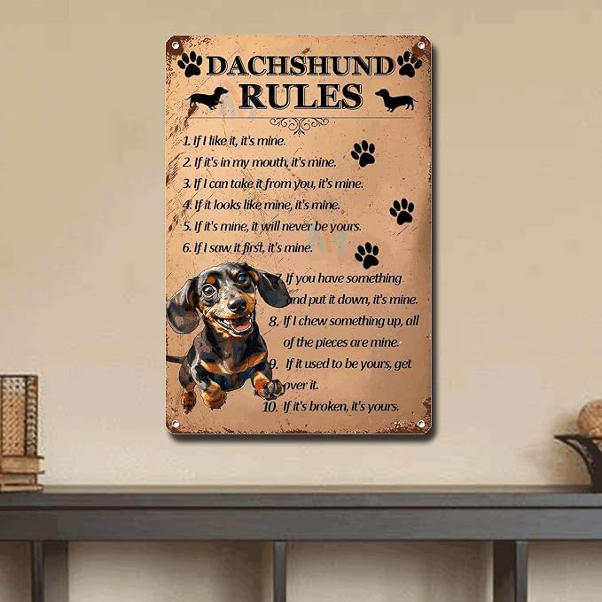 Metal Sign Tin Sign Vintage Wall Art Dachshund Rules Wall Art for Restaurant 8×12 Inches