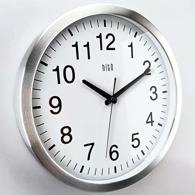 HITO 14" Silent Wall Clock Battery Operated Non Ticking Sweep Movement Glass Cover Silver Aluminum Frame, for Kitchen, Bedroom, Home Office, Living Room Decor