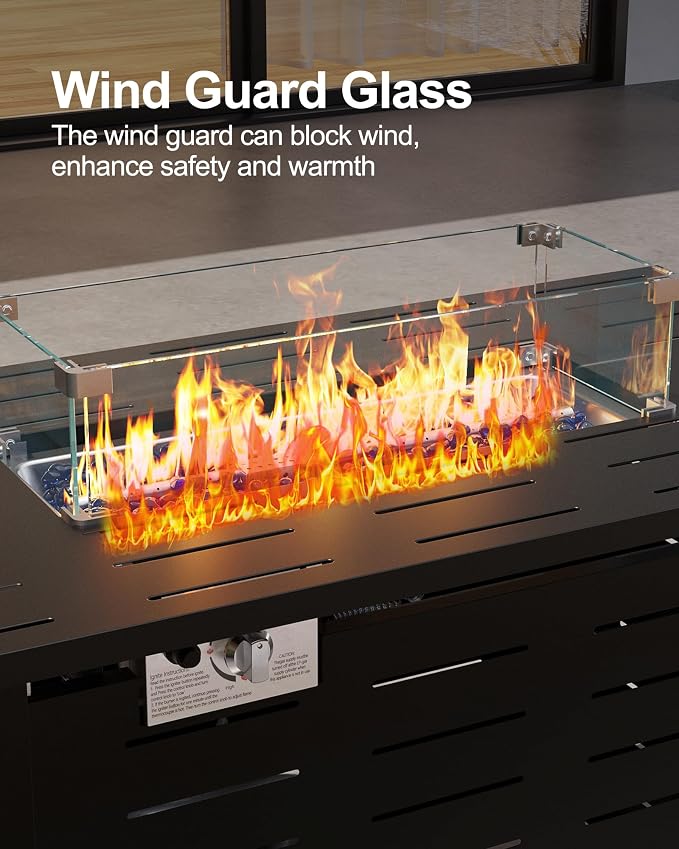 Hipicute 44" Outdoor Propane Fire Pit Table, 48,000 Btu Lp Gas Rectangular Fire Table with Ignition Systems and Lid,Outdoor Firetable with Glass Rocks for Patio Deck Garden Backyard