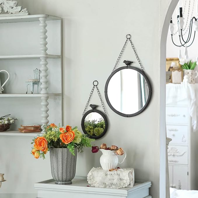 NIKKY HOME 11.2" Decorative Small Hanging Mirrors Vintage Rustic Round Metal Framed Wall Mounted Mirror Decor with Bird for Bathroom Living Room Office, Antiqued Black