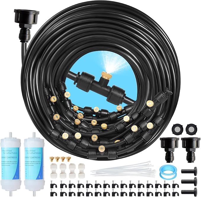 85FT Mister for Outside Patio Misting Cooling System, 85FT (26M) Misting Line+26 Brass Mist Nozzles+Water Filter, Outdoor Mister System for Garden Greenhouse Trampoline Waterparke