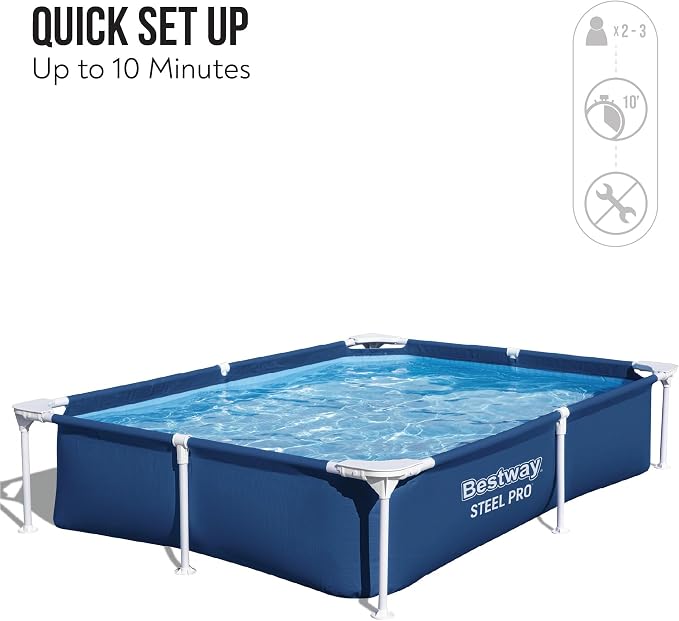 Bestway 56401 Steel Pro Pool | Swimming Pool, Rectangle Above Ground Fast Set Pool, Children’s Detachable Pool, Multiple Sizes, Blue, 221 x 150 x 43 cm | Rectangular Frame Swimming Pool, Puncture-Rust Resistant Garden Pool, Easy Assemble