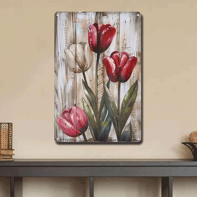 Metal Sign Tin Sign Vintage Wall Art Rustic Tulips Tin Sign for Vintage Style Gardens Shabby Chic Decor and Distressed Wood Panels Greenhouse Decor for Restaurant 12×16 Inches